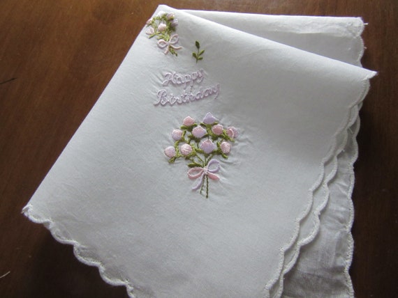 Vintage Floral Embroidered Happy Birthday Hankie … - image 1