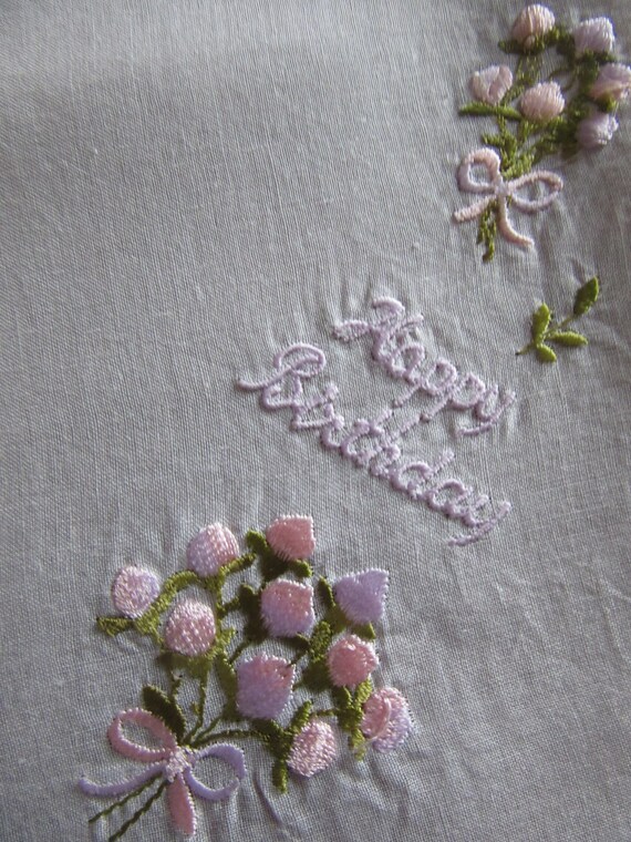Vintage Floral Embroidered Happy Birthday Hankie … - image 2