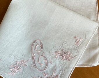 Vintage Monogrammed Pink on Gray Madeira Embroidered Hankie "C"