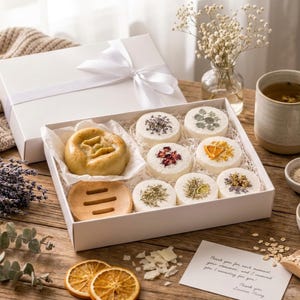 Shower Steamers Gift | Persimmon Goat Milk Soap, Bamboo Dish, Aromatherapy, White Box Ribbon
