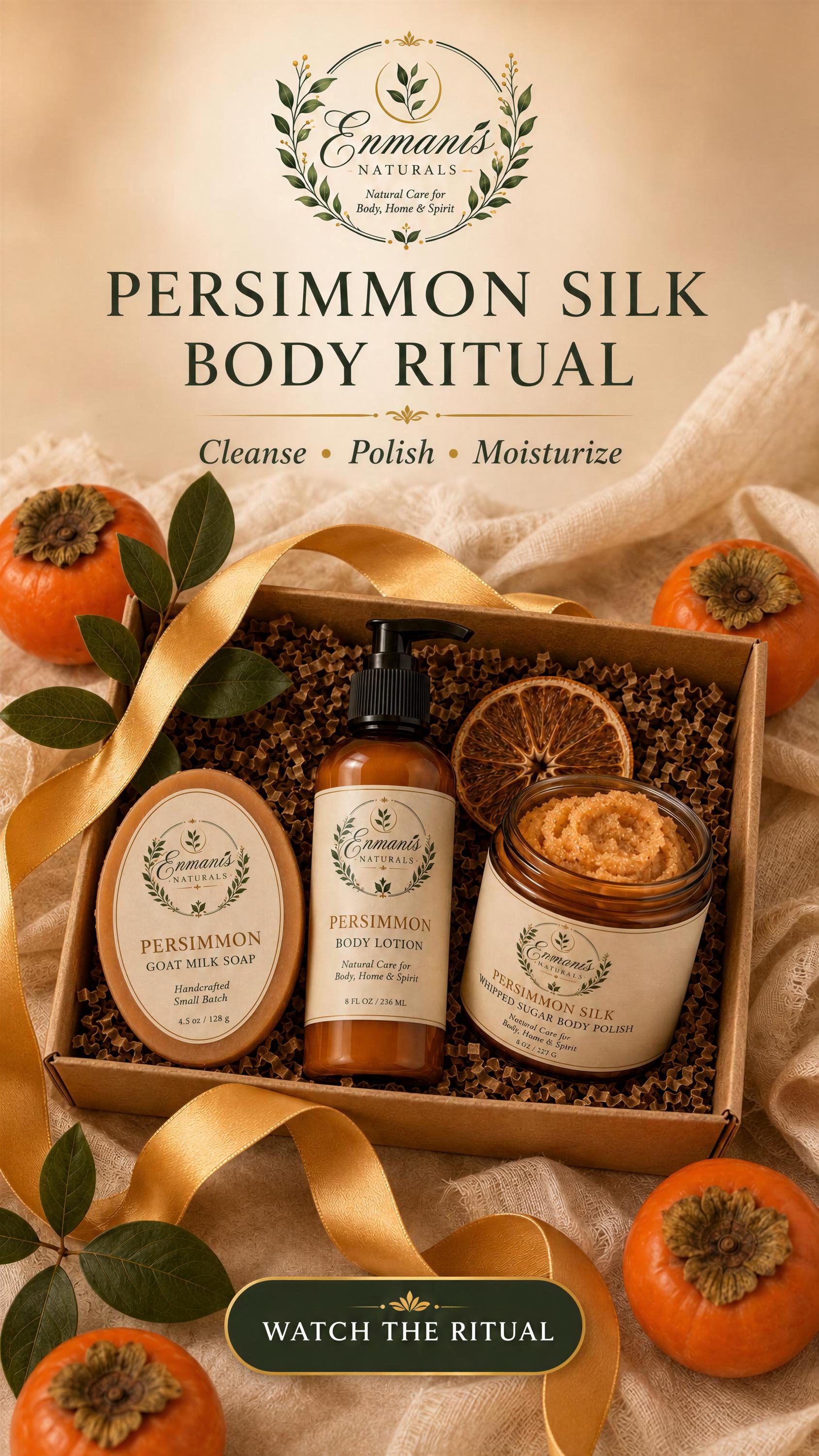 Persimmon Silk Goat Milk Soap, Whipped Sugar Polish, Moisturizing Cream, Apricot Orange Ritual Set
