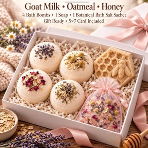 Gift Ready Bath Bomb Gift Set | 4 Honey Oatmeal Bath Bombs, Goat Milk Soap and Bath Salt Sachet | Spa Gift Box for Her