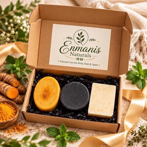 Gift Ready Turmeric Soap Gift Set | Kojic Acid, Charcoal and Rice Bars with Vitamin C Face Serum | Brightening Skincare Set for Her