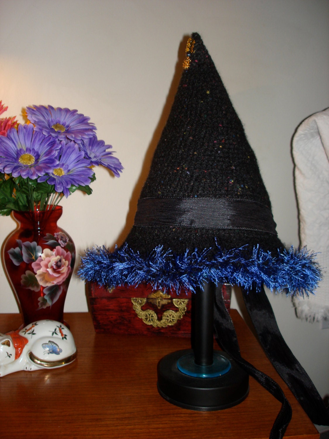 Witch Hat Felted Wool Black with color specs and fancy detail Etsy