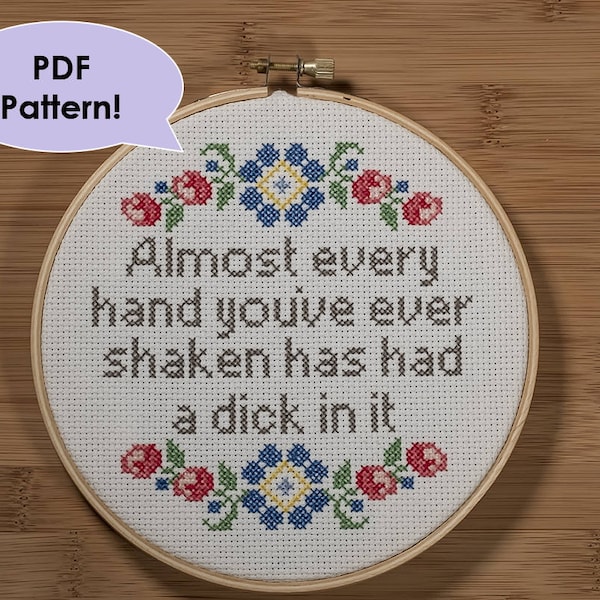 PATTERN Almost Every Hand You've Ever Shaken Has Had a Dick In It Wall Hanging - Funny Cross Stitch Hoop Pattern for 6 Inch Round Frame