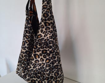 Leopard Hobo Bag Handmade, Animal Print Shoulder Bag, African Wax Print Lined Bag, Adjustable Strap Crossbody, Soft Velboa Boho Bag
