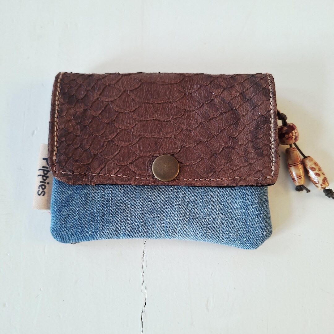 Upcycled Denim Wallet With Snake Print Leather | Handmade Mini Wallet ...