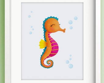 Seahorse Art - Ocean Painting - Glitter Art - Seahorse Wall Decor - Unisex Nursery Decor - Bathroom Art - Sweet Cheeks Images