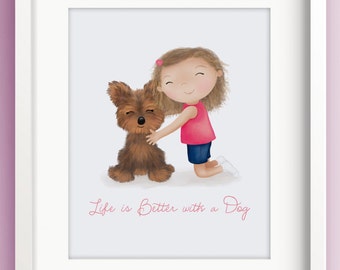 Girl and Dog - Childrens Art Prints - Mejor amigo - Perro y dueño - Dog Artwork - Little Girl Room Art - Sweet Cheeks