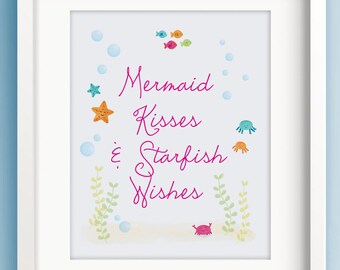 Mermaid Kisses and Starfish Wishes - Real Glitter Print - Mermaid Painting - Little Mermaid - Bathroom Decor - Sweet Cheeks Images