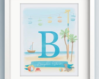 Personalized Name Print - Custom Name Sign - Beach Art Print - Santa Cruz Boardwalk - Boy Name Wall Decal - Nursery Monogram Letters