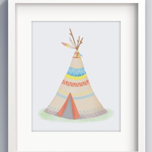 May include: A white framed print of a colorful teepee with a red flap and a brown base. The teepee is decorated with blue, yellow, and red geometric patterns. The print is set against a light blue background.