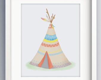 Teepee Art Print - Tribal Art - Cowboys and Indians Theme - Nursery Decor - Baby Shower Gift - Sweet Cheeks Images