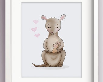 Känguru Baby Barnrum - Baby och Mamma - Australienskt Barnrum - Känguru Väggkonst - Barnkonsttryck - Söta Kinder Bilder