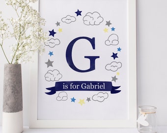 Stars and Clouds Nursery Art Print - Personalised Name Sign - Star Nursery Decor - Cloud Nursery - Cloud Print - Sweet Cheeks Images