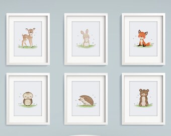 Set of 6 Nursery Print Set - Baby Animal Prints - Nursery Wall Art - Woodland Nursery Decor - Woodland Animals - Forest Animals