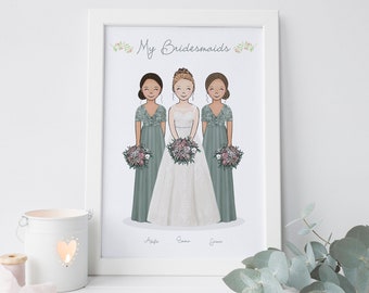 Personalised bridesmaid print - Gift for bride - Team bride - hens party - bridal shower - Bridesmaid gift - wedding illustration print