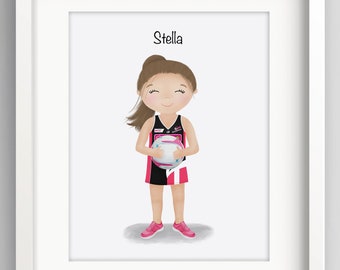 Personalised Netball Print - Little Girl Netball Print - Netball gifts - All Teams Available - Custom Girls Art - Sweet Cheeks