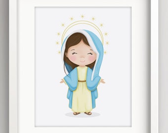St Mary Illustration - Religious nursery art - Mother Mary print - Sweet Cheeks Images