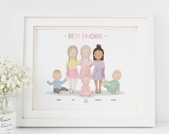 Regalo de mejores amigos - retrato personalizado de niños pequeños - impresión digital de mejores amigos - regalos de amistad personalizados - ilustración de mejores amigos - niño