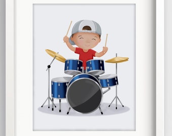 Drummer print - Personalised drummer gift - musical gift - Little rockstar - Drummer art - Boys Art - music gift for boys - drum set - drums