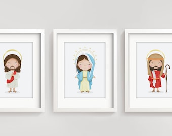 Set van 3 illustraties - Jezus, Maria & Jozef prenten - Religieuze kinderkamer kunst set van 3 - Muurkunst - Jezus kinderkamer prenten - Jozef en Maria