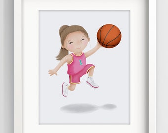Impresión de arte de baloncesto - decoración de la pared de baloncesto - pintura de baloncesto - baloncesto femenino - niños de dibujo de baloncesto - Chica personalizada WNBA