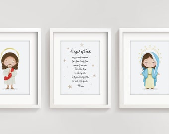 Religious nursery art set of 3 - Guardian Angel Prayer - Angel of God My Guardian Dear Wall Art - Jesus nursery prints - Mother Mary print