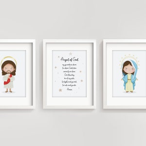 Religious nursery art set of 3 - Guardian Angel Prayer - Angel of God My Guardian Dear Wall Art - Jesus nursery prints - Mother Mary print