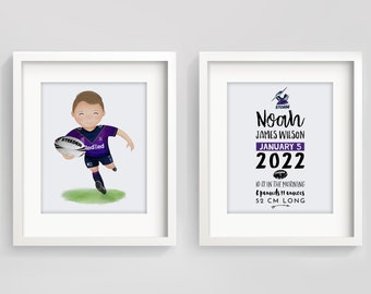 Custom set of 2 rugby prints - sports nursery prints - rugby theme room - birth stats gift - birth statistics sign - rugby bedroom print