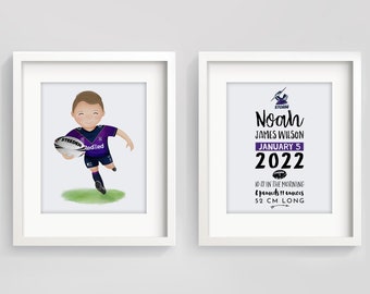 Conjunto personalizado de 2 impresiones de rugby - impresiones de vivero deportivo - sala temática de rugby - regalo de estadísticas de nacimiento - signo de estadísticas de nacimiento - impresión de dormitorio de rugby