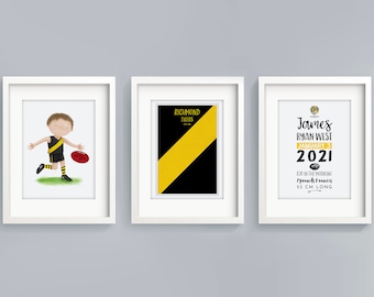 Custom set of 3 Footy prints - sports nursery decor - baby boy room nursery decor - sports prints for boys room - birth stats sign