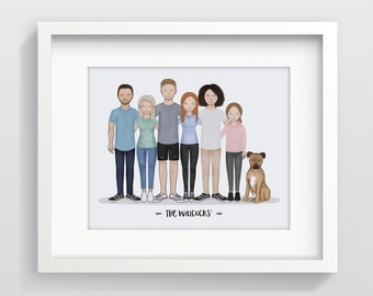 Custom Family portrait illustration - Housewarming gift print - Family illustration with pets - printable personalised digital drawing