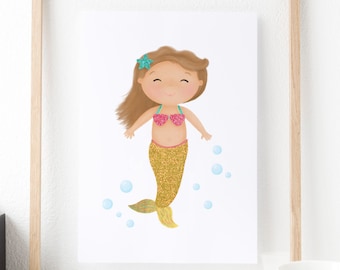 REAL GLITTER - Little Mermaid - Mermaid Wall Decor - Mermaid Print - Under the Sea -  Ocean Nursery - Mermaid Fashion Print