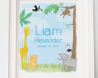 Jungle Nursery Art - Regalos personalizados para bebés - Nombre de la guardería de arte - Jungle Theme Baby Shower - Anuncio de nacimiento - Baby Jungle