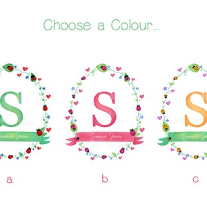May include: Three versions of a monogram design featuring the letter "S" in a wreath of green leaves, pink hearts, and ladybugs. The letter "S" is green, pink, and orange in each design. The text "Sammie Jean" appears below each design.