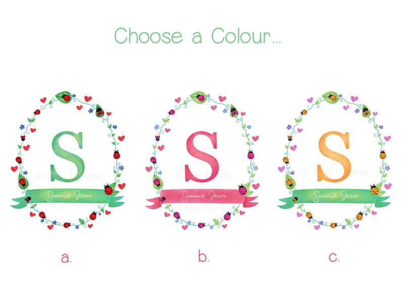 May include: Three versions of a monogram design featuring the letter "S" in a wreath of green leaves, pink hearts, and ladybugs. The letter "S" is green, pink, and orange in each design. The text "Sammie Jean" appears below each design.