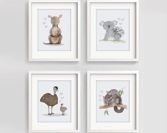 Set of 4 Australian themed nursery prints - Australian nursery decor - Australian animals nursery - koala wall art - kangaroo nursery prints