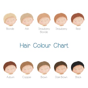 May include: Hair color chart with illustrations of ten different hair colors: blonde, ash, strawberry blonde, strawberry, red, auburn, copper, brown, dark brown, and black.