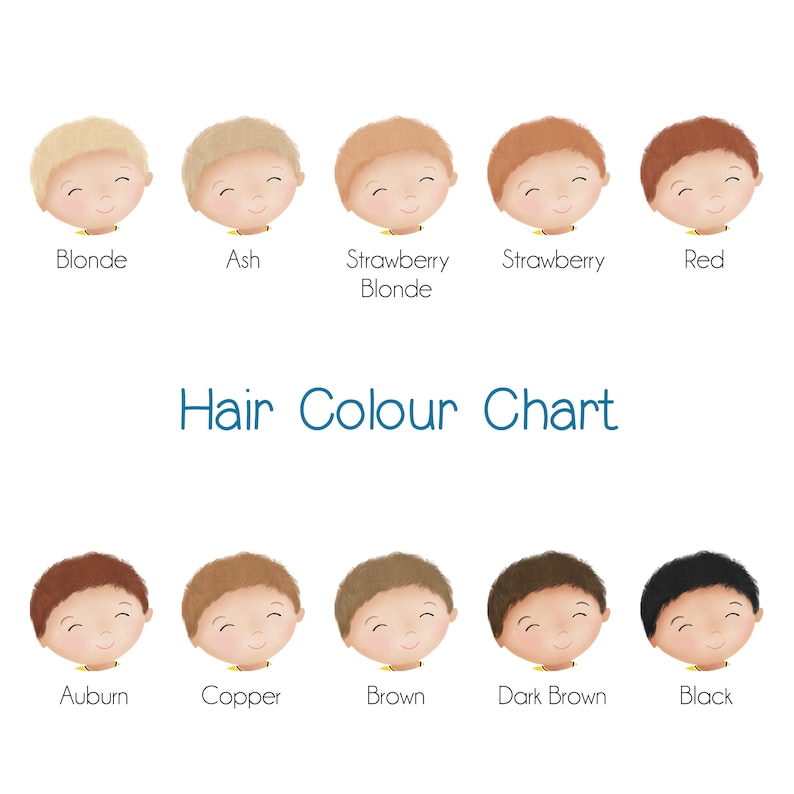 May include: Hair color chart with illustrations of ten different hair colors: blonde, ash, strawberry blonde, strawberry, red, auburn, copper, brown, dark brown, and black.
