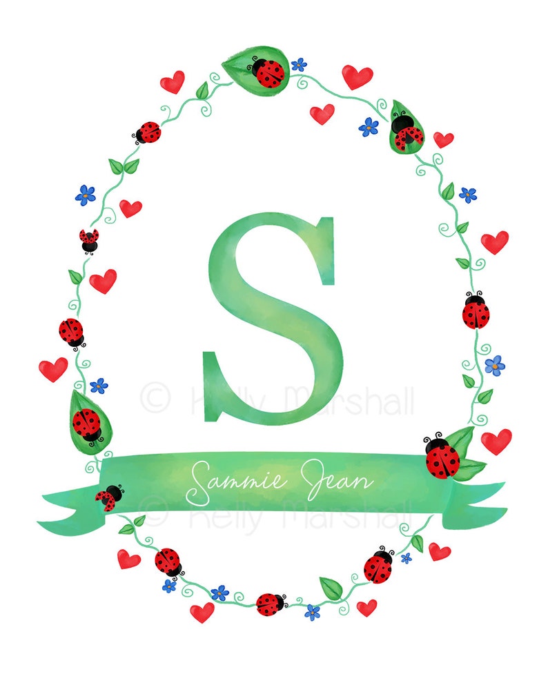 May include: A green letter S surrounded by a wreath of green vines, red hearts, and ladybugs. The wreath is on a white background. The text "Sannie Jean" is written on a green ribbon.