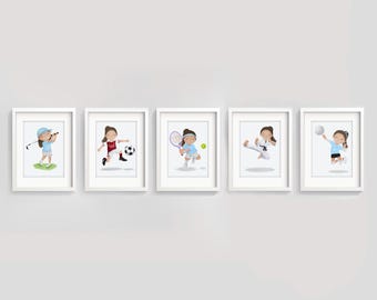 Custom Set of 5 sports prints - girls room sports decor - nursery sports prints - girls bedroom sports - sport artwork - sports art prints