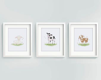 Conjunto de 3 arte de la pared - vivero de la granja - animales de granja - bebé animal impresiones - decoración de la guardería - bebé ducha regalo - bebé cordero - mejillas dulces