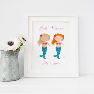 Best Friends Gift Mermaid Decor Real Glitter Best Friend Gift Mermaid Print Twin Sisters Sweet Cheeks Images image 1