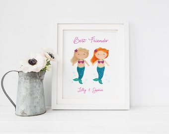 Best Friends Gift - Mermaid Decor - Real Glitter - Best Friend Gift - Mermaid Print - Twin Sisters - Sweet Cheeks Images