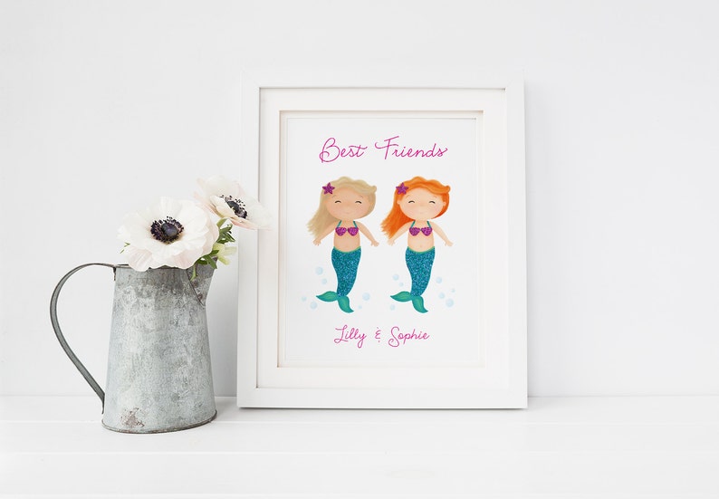 Best Friends Gift Mermaid Decor Real Glitter Best Friend Gift Mermaid Print Twin Sisters Sweet Cheeks Images image 1