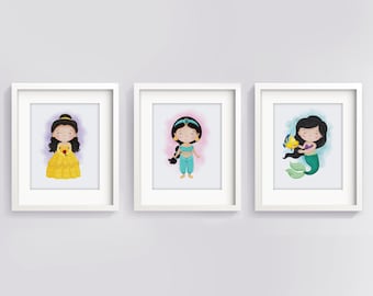 Princess Nursery Wall Art - Impresiones infantiles - Princesa Vivero Decoración - Decoración del bebé - Conjunto de 3 arte personalizado - Elija su conjunto de arte princesa