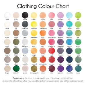 May include: A color chart with 60 different colors, each represented by a circle with the color name written below it. The colors are arranged in rows and columns, and the chart is titled "Clothing Colour Chart".