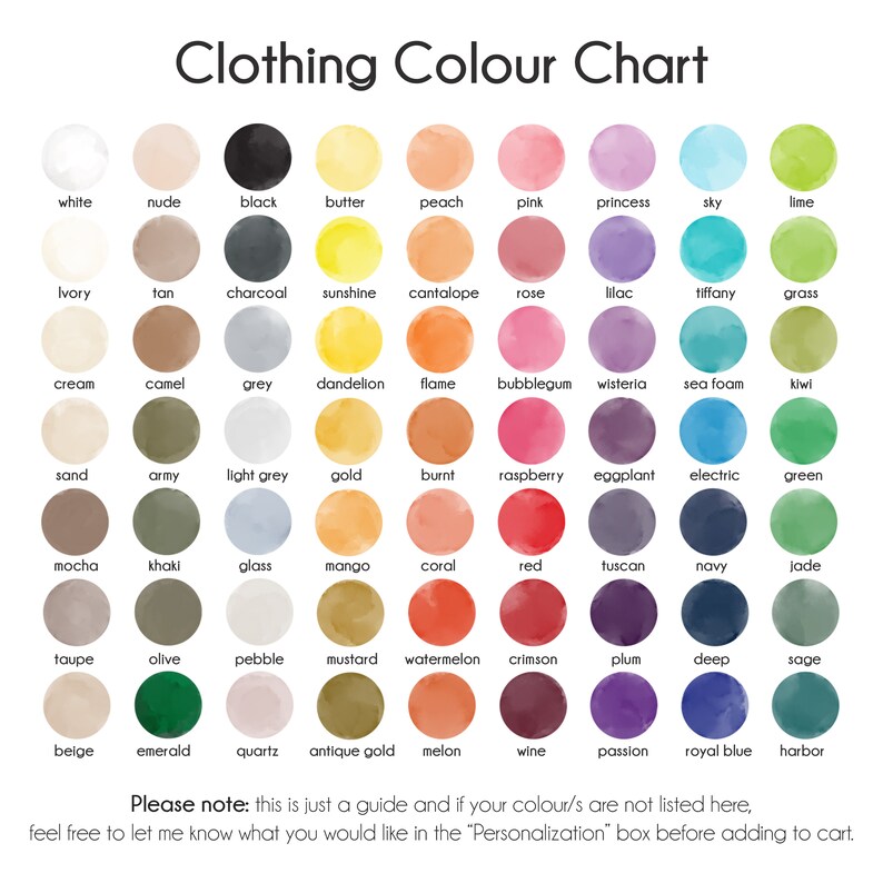 May include: A color chart with 60 different colors, each represented by a circle with the color name written below it. The colors are arranged in rows and columns, and the chart is titled "Clothing Colour Chart".