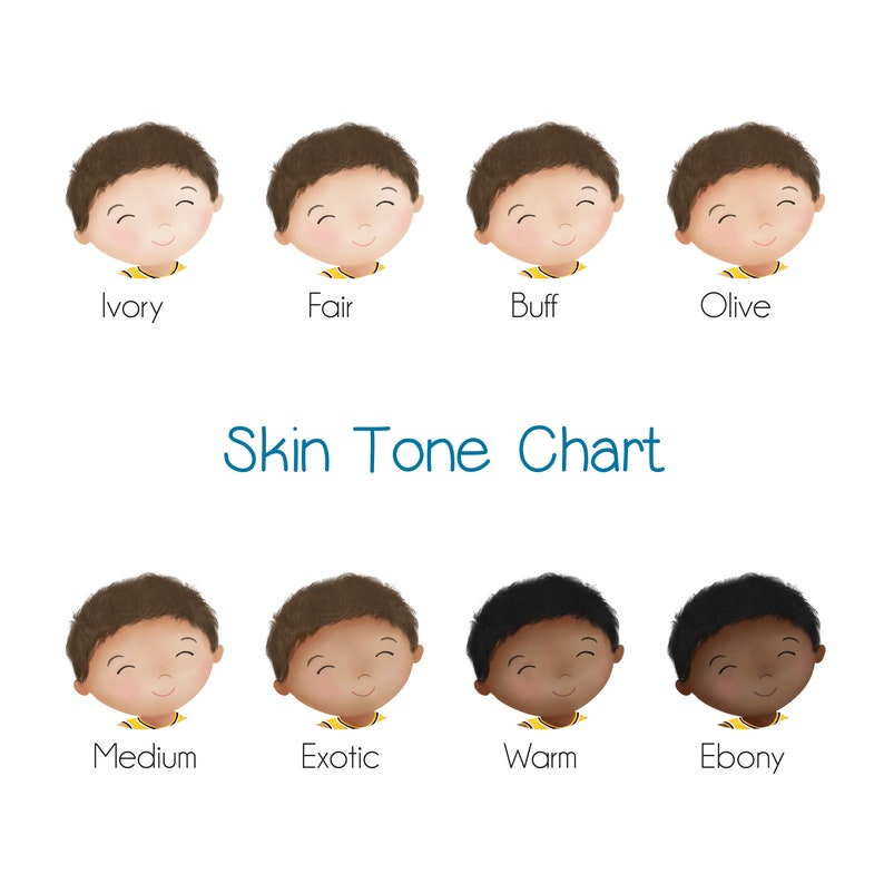 May include: Skin tone chart with illustrations of seven different skin tones, labeled Ivory, Fair, Buff, Olive, Medium, Exotic, Warm, and Ebony.